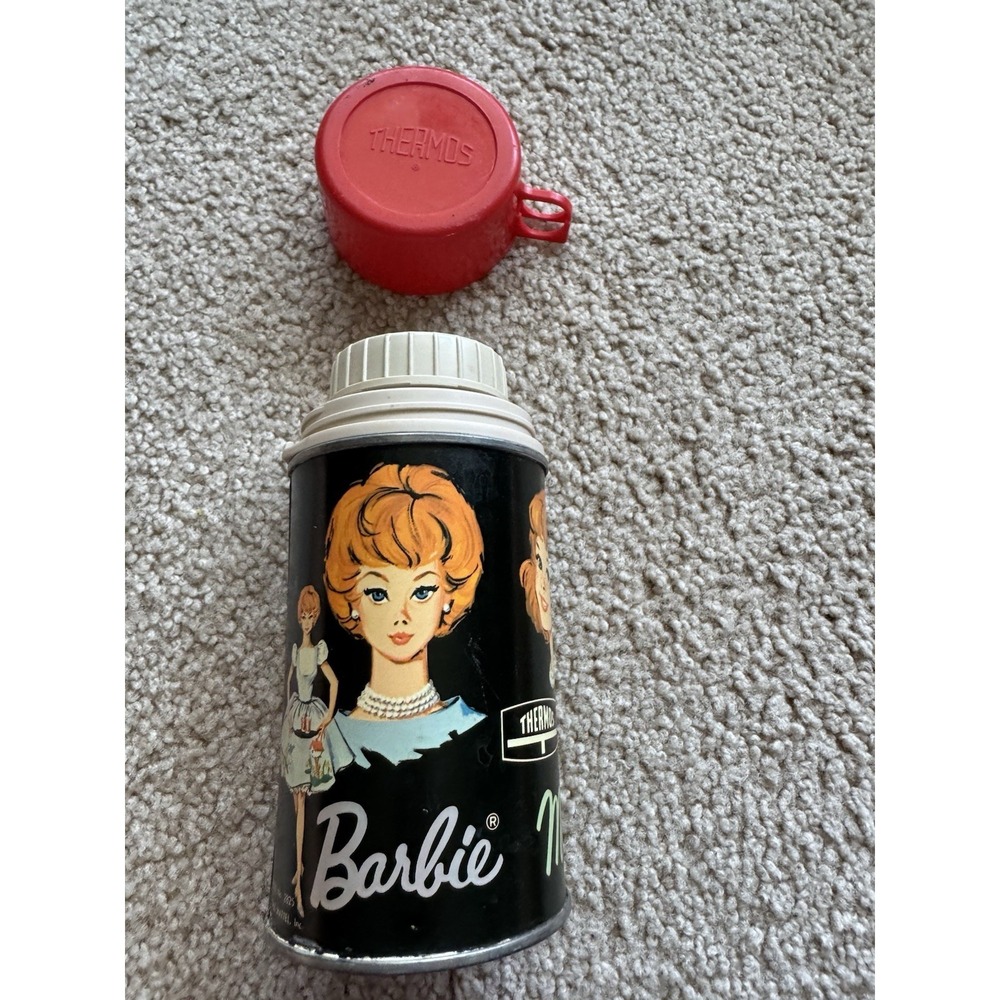 Vintage 1965 Retro Barbie Midge Skipper Metal Thermos Bottle with Red Cup Mattel